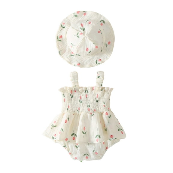 BemeyourBBs Infant Baby Girl Tulip Romper Dress Summer Clothes Outfit Sleeveless Floral Print Smocked Dress with Sun Hat Set Cute Playsuit
