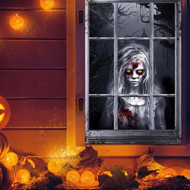 Decoración de Halloween, adornos de Halloween, decoración del hogar, cortinas de terror de Halloween, siluetas de ventana, cortinas de niña y niño aterradores, escaparate decorativo de Halloween