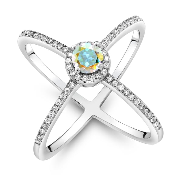 1.37 Cttw Round Mercury Mist Mystic Topaz Criss Cross X Ring for Women | 925 Sterling Silver | Wedding Engagement Anniversary Promise Ring for Women | Available in Size 5, 6, 7 | Size 7