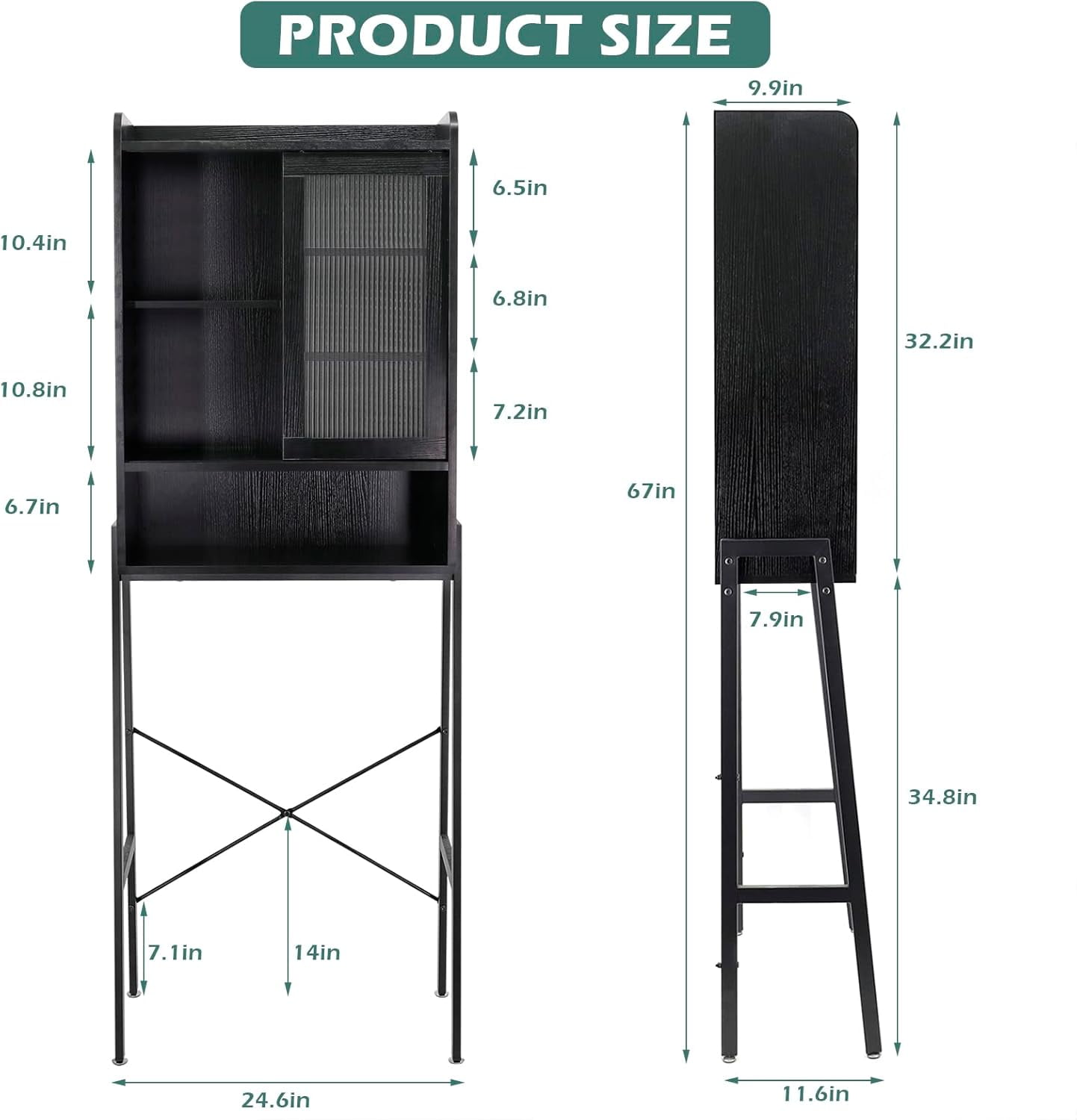 Reliancer Over The Toilet Storage Cabinet with Adjustable Shelves, Bathroom Space Saver Organizer Shelves, Freestanding Space Saver with Acrylic Sliding Door, Metal Frame, Black