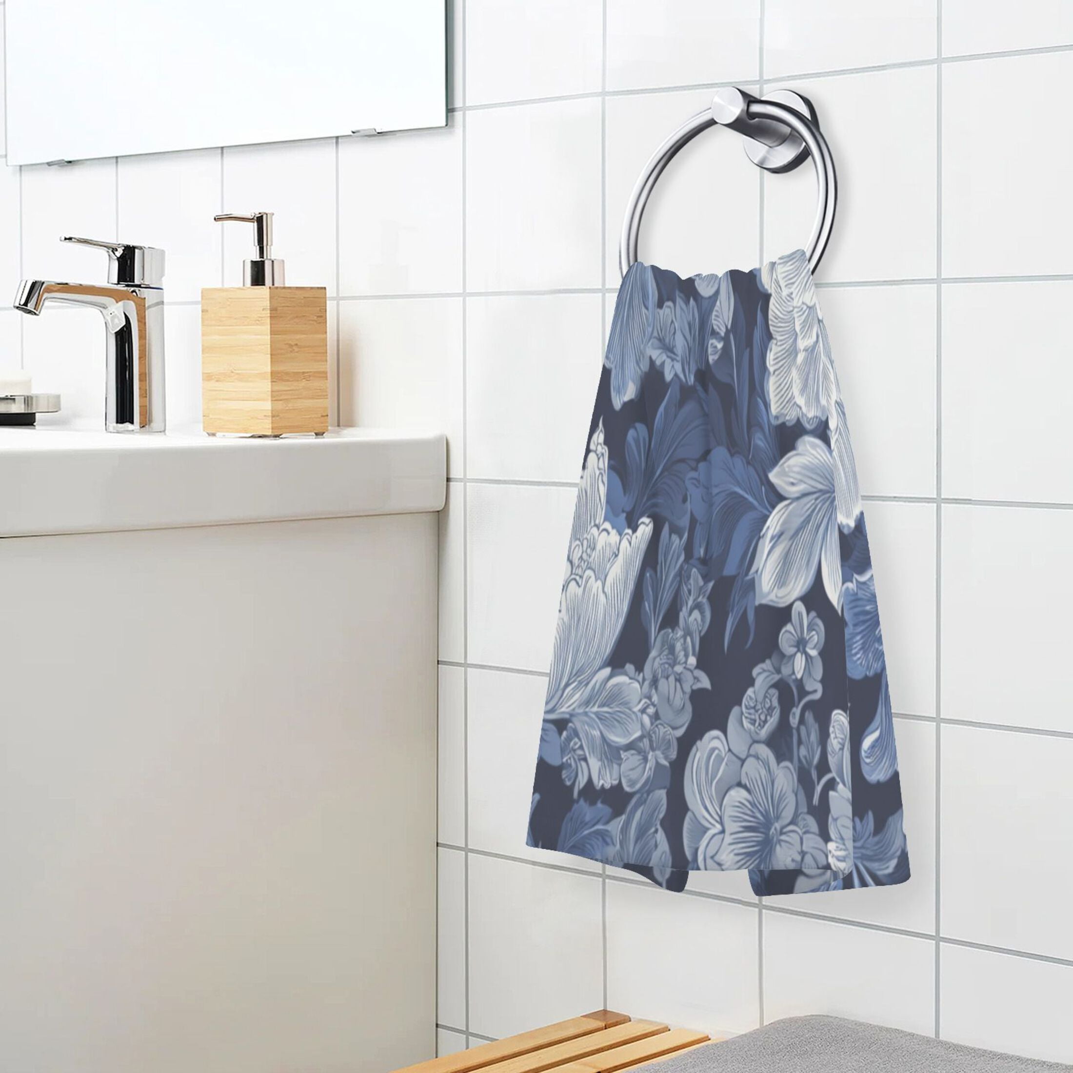 2 Pieces of Cotton Towel Face Towel Set Hand Towel Bath Towel Cotton Bath Towel Sets Blue Flowers Beautiful