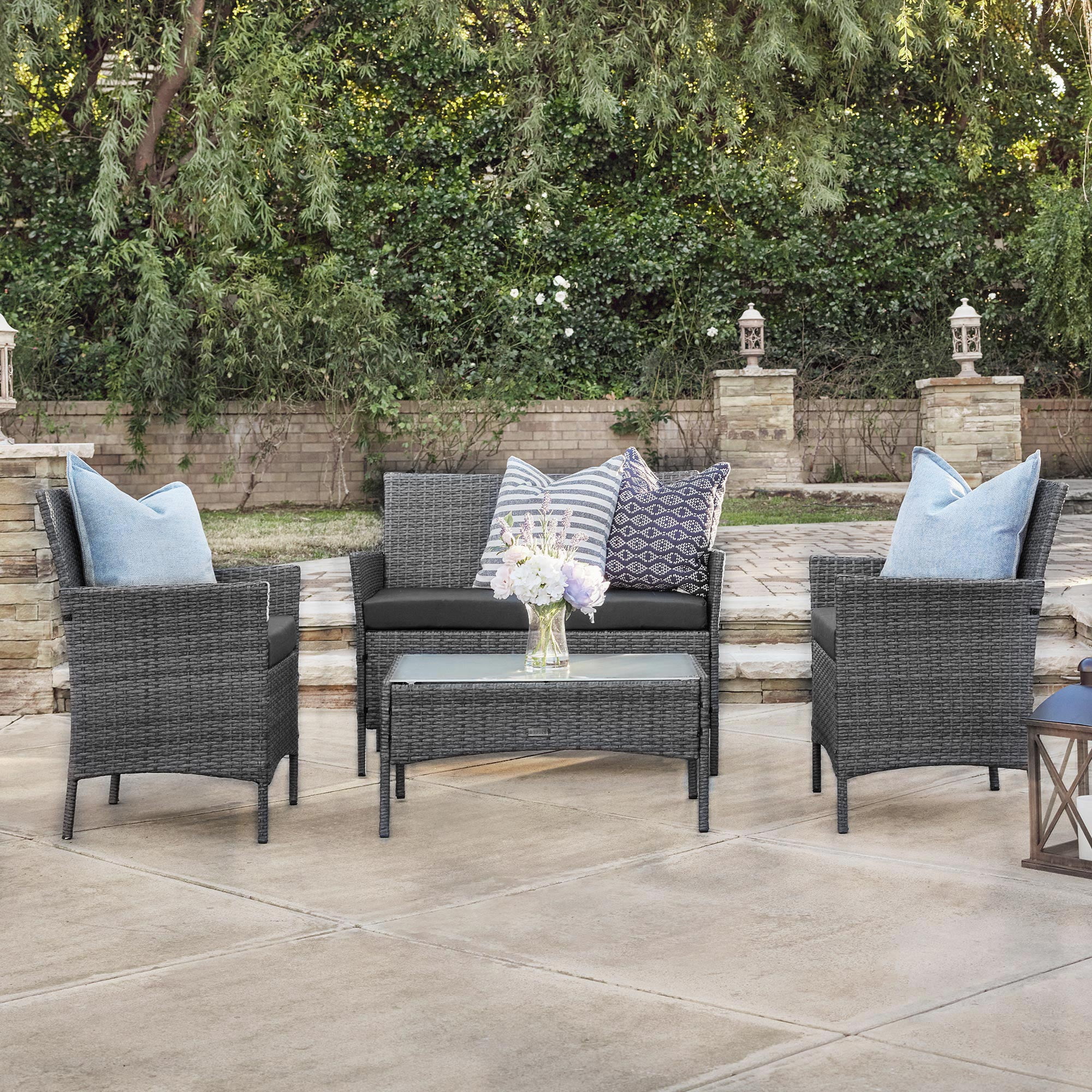 BELLEZE 4 PC Furniture Outdoor Set 4 Piece Rattan Outdoor Patio Set One