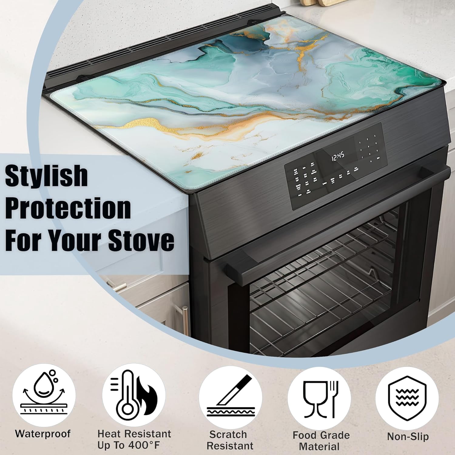 Electric Stove Top Cover,Green Gold Marble Stove Cover for Glass Top Electric Stove,ModernAbstract Heat Resistant Flat Top Stove Mat Countertop Protector, 28 x 20 Inch