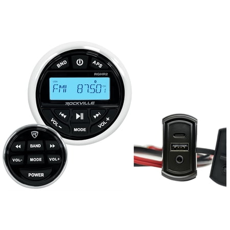 Rockville RGHR2 Bundle: Bluetooth Marine Gauge Hole Digital Media Receiver, PSAP-3S USB-A USB-C 3.5mm Adapter, 2-items
