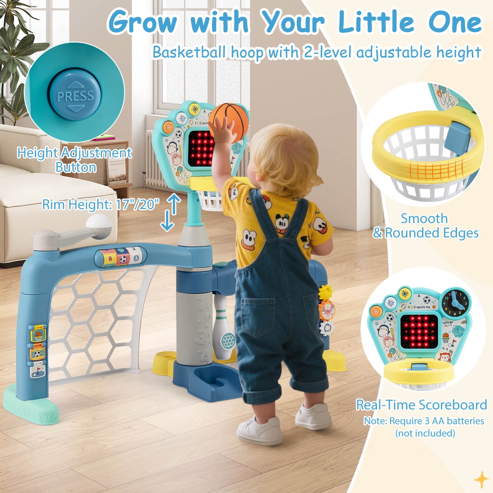 Costway Toddler Sports Toys 5-in-1 Basketball Soccer Bowling Baseball Golf with Lights