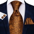 thumbnail image 3 of Hi-Tie Men Silk Tie Set Dark Orange Paisley Necktie Pocket Square Cufflink for Business Party, 3 of 6
