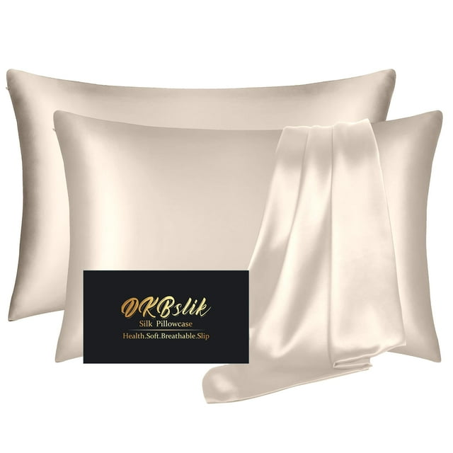 Fundas de almohada de seda DKBSlik Mulberry Silk Standard, paquete de 2, color beige