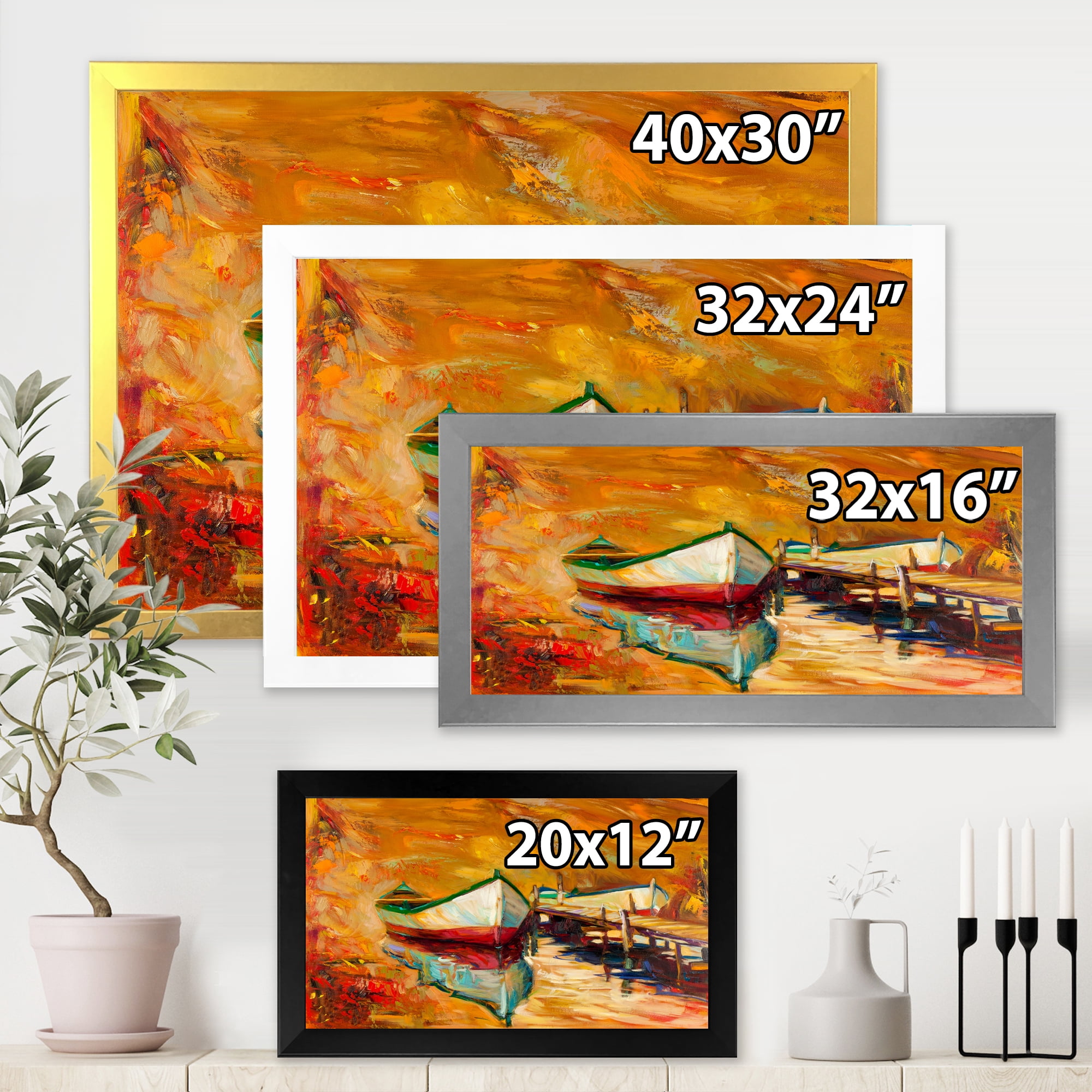 Designart 'Red and White Boats By The Pier' Nautical & Coastal Framed Art Print