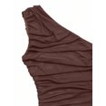 thumbnail image 3 of Coffee Asymmetric One-Shoulder Ruched Fitted Waist Sleeveless Bodycon Maxi Dress For Women, 3 of 4
