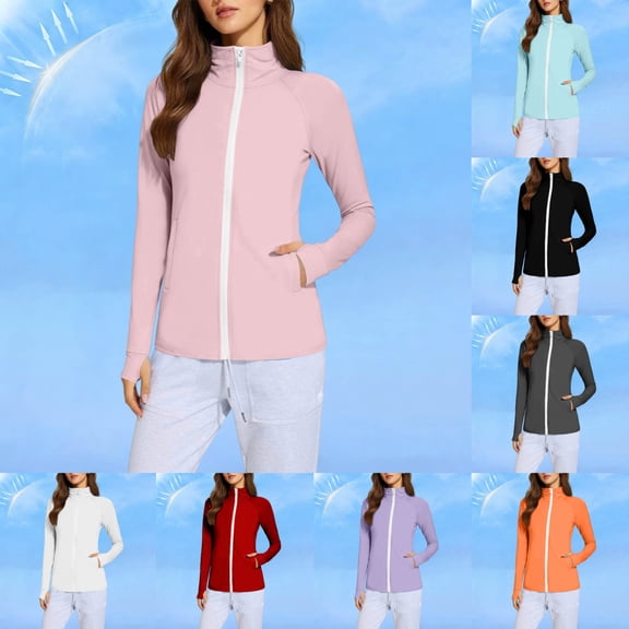 Viluyesy Women's UPF 50 Sun Protection Jackets Full Zip Stand Collar UV Coat with Pockets Thumb Holes Quick Dry for Hiking Running Outdoor Wear