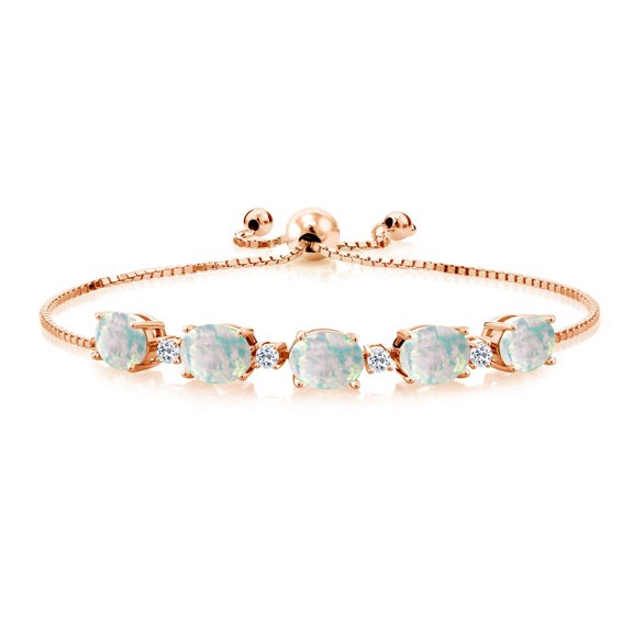 Gem Stone King 5.34 Ct Oval Cabochon White Simulated Opal White Topaz 18K Rose Gold Plated Silver Bracelet for Women