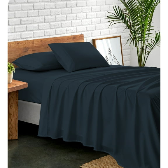 NC Home Fashions Geometric Trim Embroidered microfiber sheet set, ultra soft, Twin, Blue Indigo