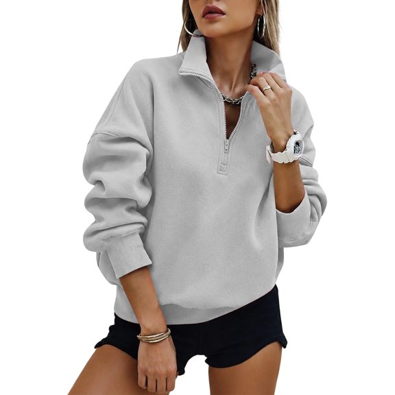 Domzest Quarter Zip Pullover for Women Oversized Fleece Collared Sweatshirts Trendy Long Sleeve Pullover Tops Daily Outfits Gray XL