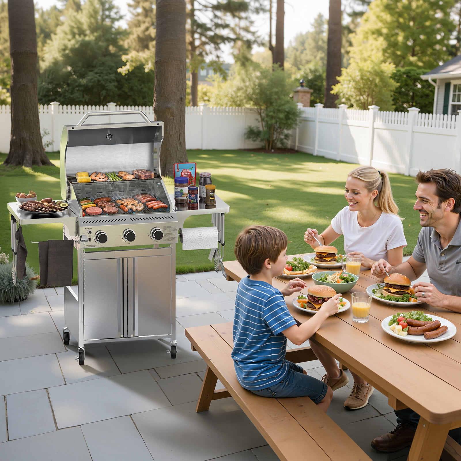 KNDKO 3-Burner Propane Gas Grill, 24,000 BTU Stainless Steel BBQ Grill with Foldable Shelf for Outdoor Barbecue and Cooking