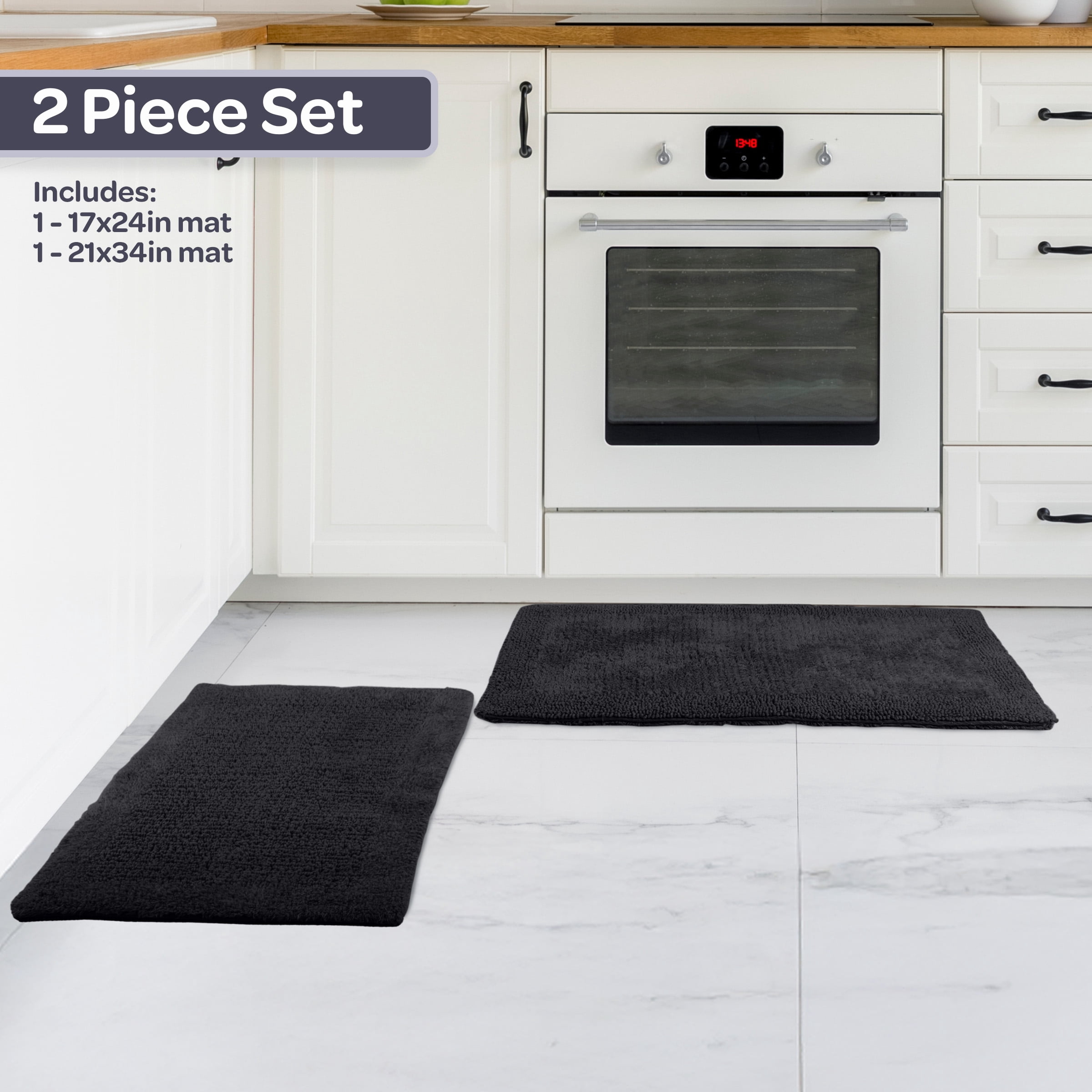 Lavish Home Bathroom Rugs - 2-Piece 2500GSM Cotton Bath Mat Set (Black)