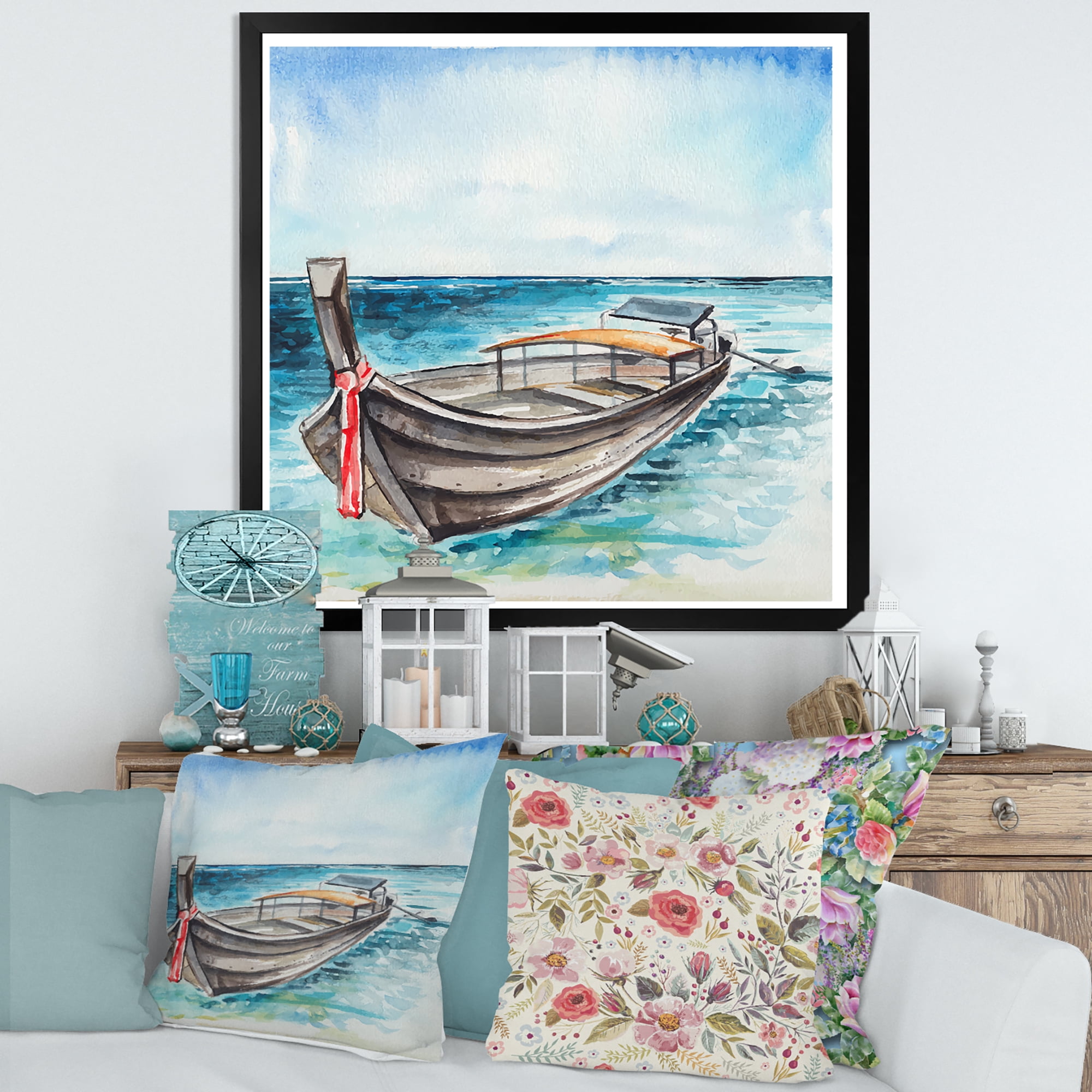 Designart 'Little Boat At The Lake Shore' Nautical & Coastal Framed Art Print