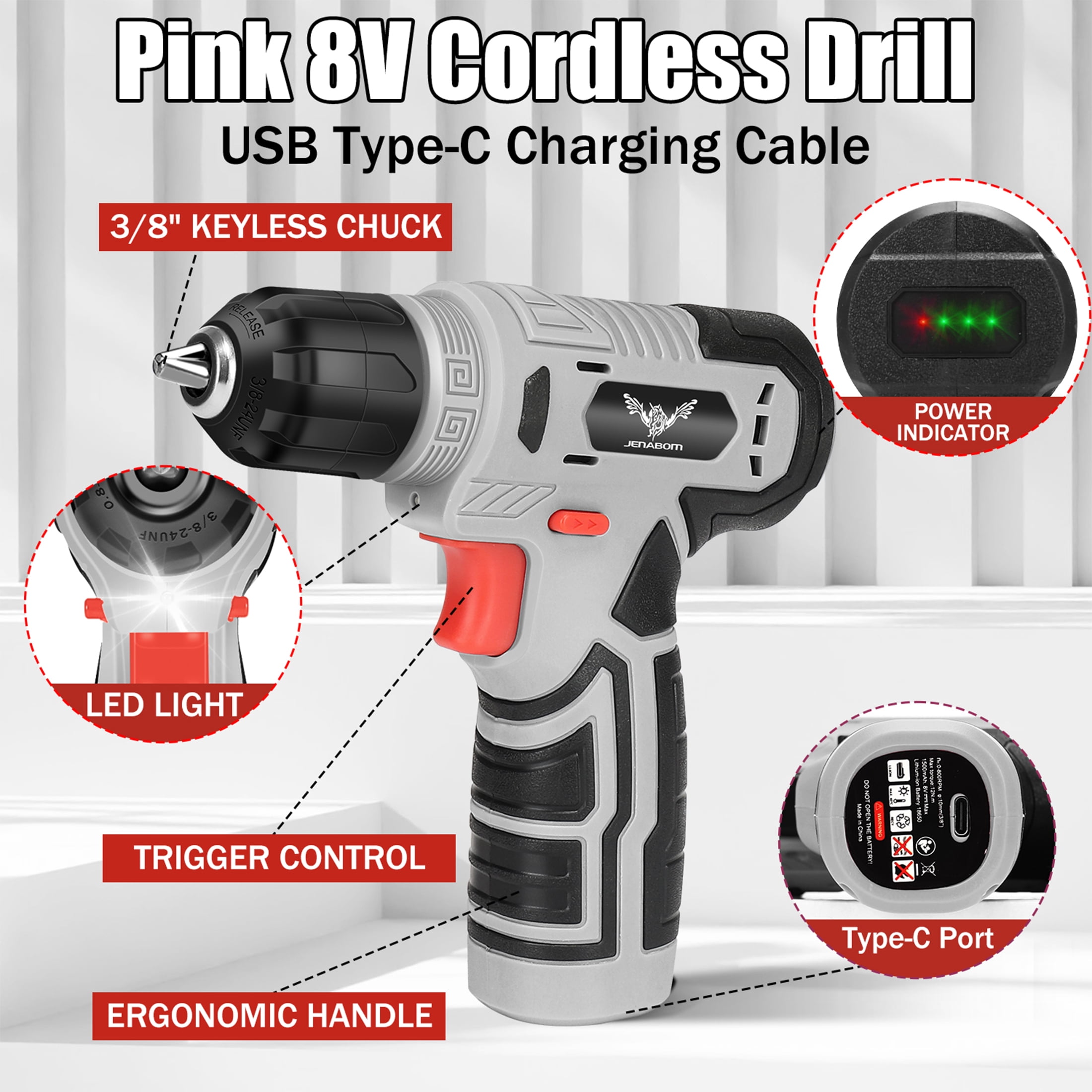 JENABOM Tool Set - 8V Cordless Drill Set, 146 Pcs Box with Hand Drill, Home Tool Kits, Variable Speed, Home Improvement & DIY (Gray & Red)
