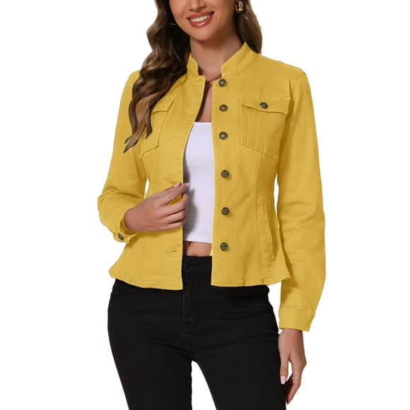 INSPIRE CHIC Women's Denim Jacket Stand Collar Long Sleeves Flap Pockets Jean Jacket Yellow XL