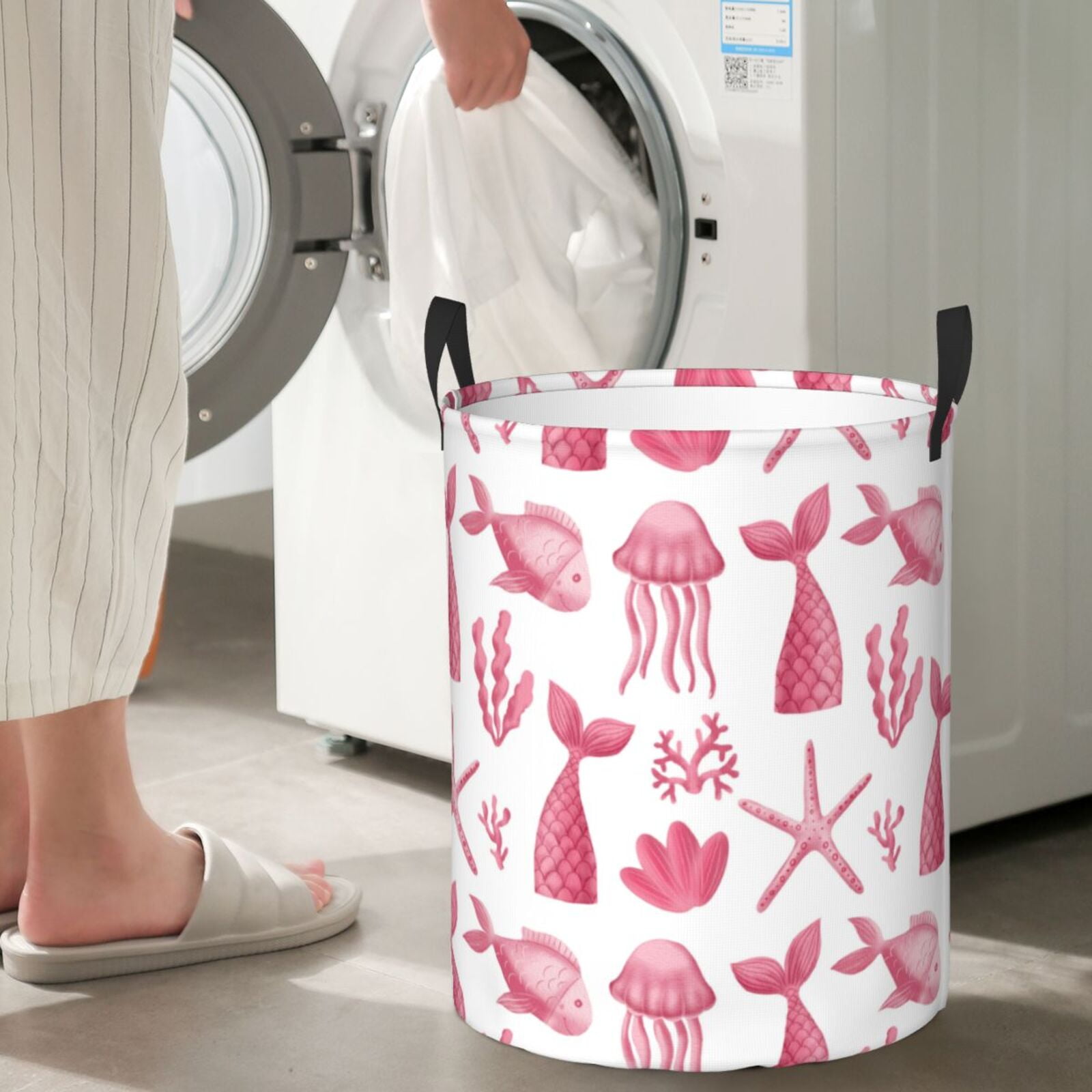 Large Laundry Basket with Handles - Pink Fish Jellyfish Kids Baby Dirty Clothes Laundry Hamper for Bedroom Aesthetic