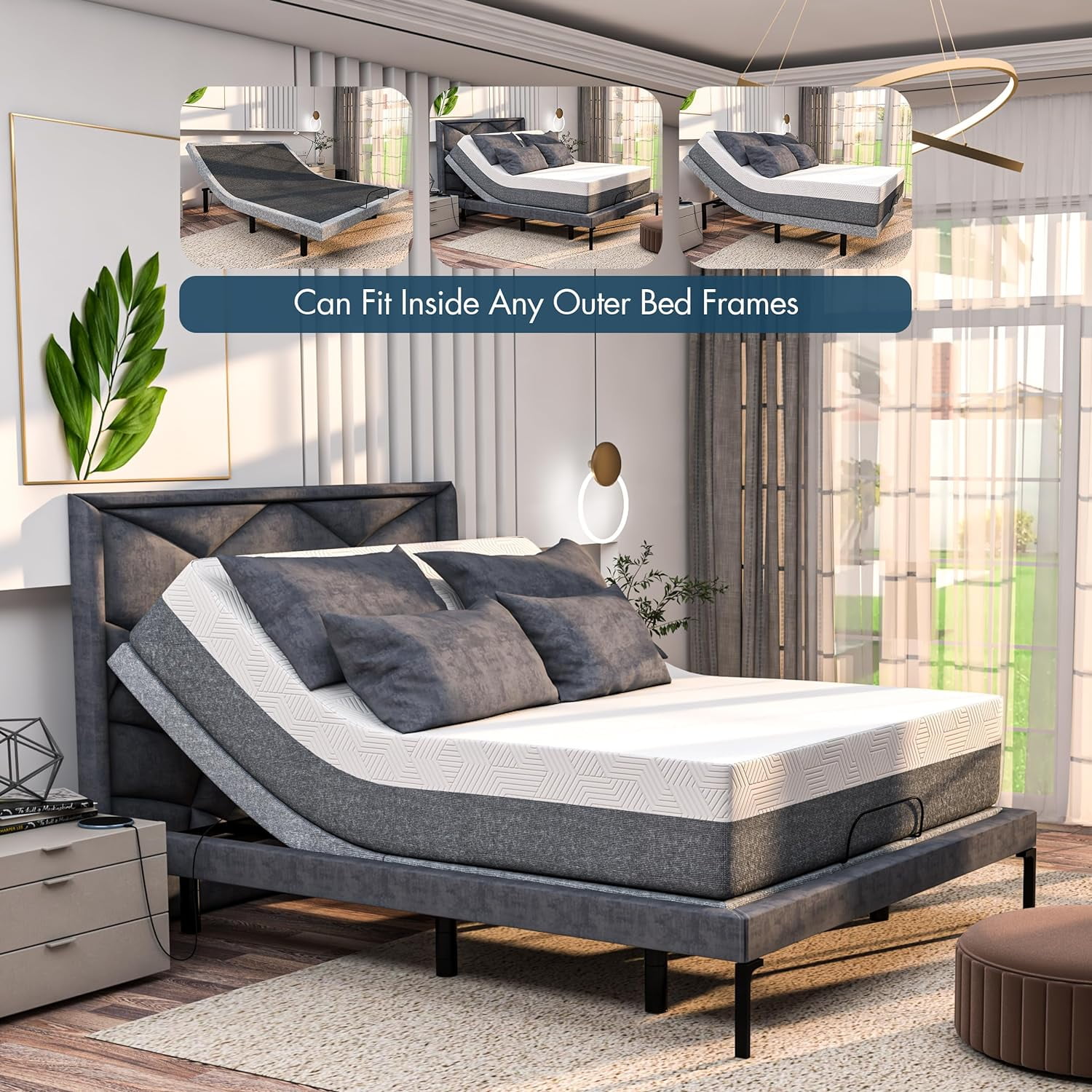 Renanim Serenityflex Adjustable Bed Frame with Electric Dual Massage - USB, Under Bed Light, Zero Gravity, App Control, Head and Foot Incline, Reclining Base Full