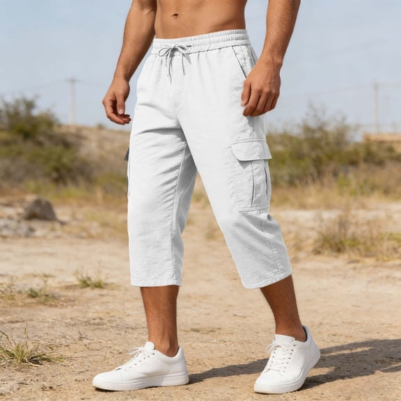 Jessboyy Mens Cargo Capris Shorts with Pockets Elastic Waist Drawstring Below the Knee Shorts for Men Summer Workout Outdoor Hiking Capri Beige,L