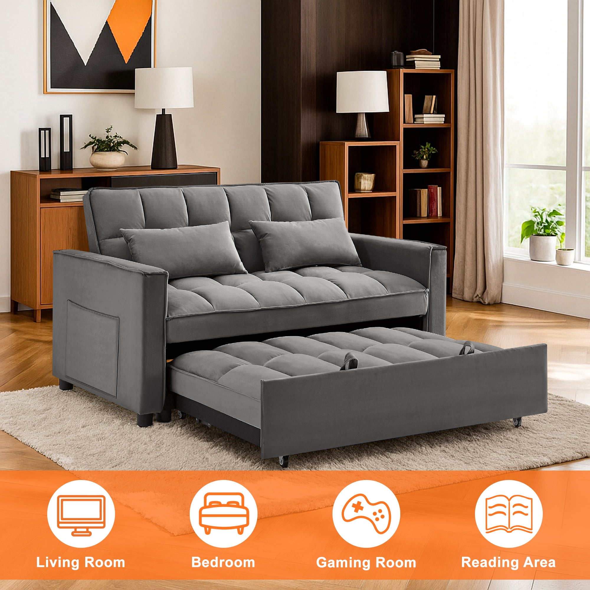 Demi Bonn 3 in 1 Convertible Sleeper Sofa Bed with Side Pocket, Adjustable Backrest Velvet Futon Couches for Living Room, Pull Out Couch, Loveseat, Dark Gray