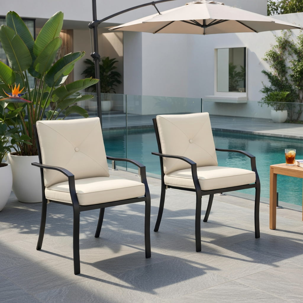 Hommoo 2-Pack Stackable Metal Outdoor Dining Chairs with Armrests, Olefin Cushions, Ergonomic Patio Seating for Backyard BBQs and Alfresco Dining, Beige & Black