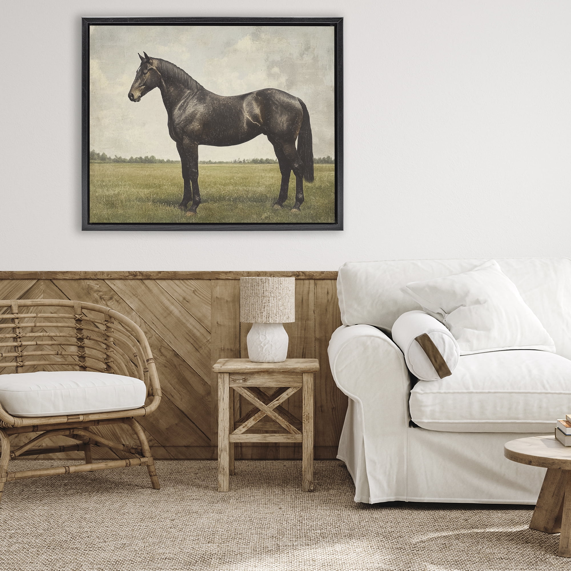Stupell Industries Espresso Horse in Pastoral Field Black Framed Floater Canvas Wall Art, design by Petal Prints Design