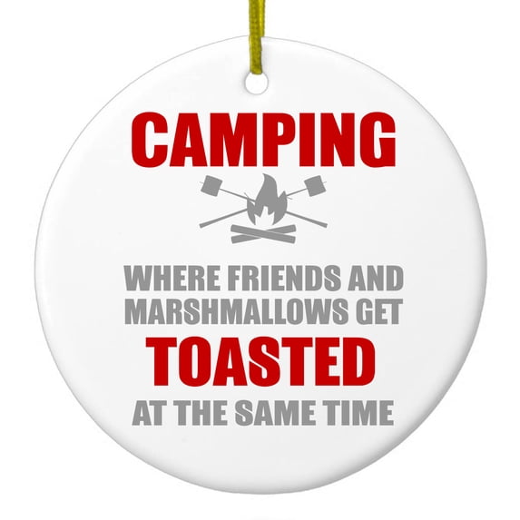 DistinctInk Hanging Ceramic Christmass Tree Ornament with Gold String - Great Gift / Present - 2 3/4 inch diameter - Camping - Friends & Marshmallows Get Toasted