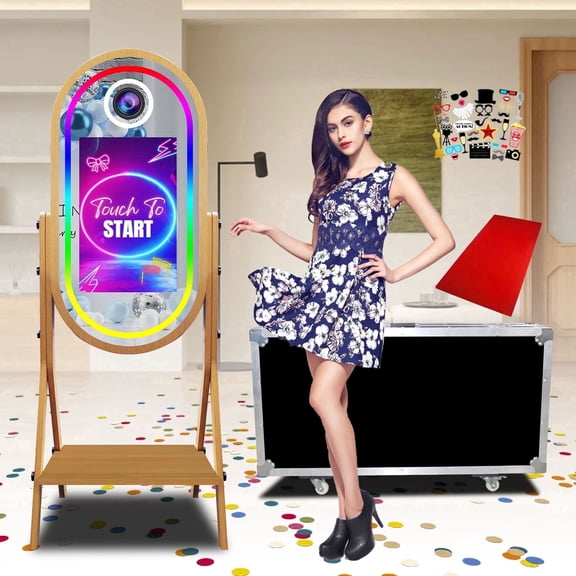 VANYA Mirror Photo Booth Machine with 21.5" Touchscreen Photobooth imitated wood DSLRBooth,Flight Case for Wedding Parties( Photo Booth Machine)