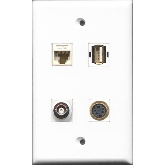 RiteAV 1 Port USB A-A and 1 Port S-Video and 1 Port BNC and 1 Port Cat6 Ethernet White Wall Plate