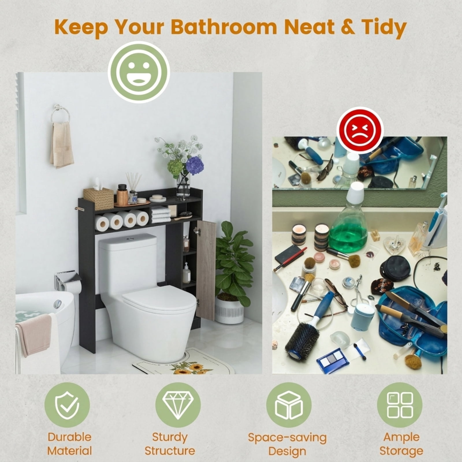 Vebreda Over the Toilet Storage Organizer with 2 Adjustable Shelves and Reinforced Bottom Bar for Bathroom Laundry Room Space Saving, Black