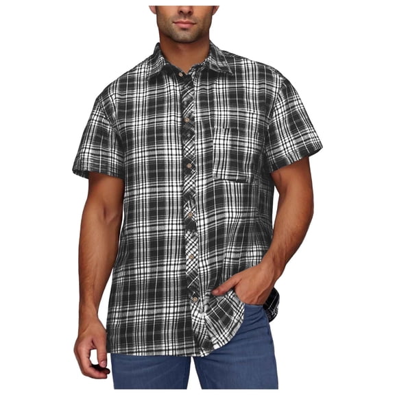 Sakmal Short Sleeve Men's and Big Men's Button Down Shirts Casual Tshirts Plaid Black Mens Shirts L