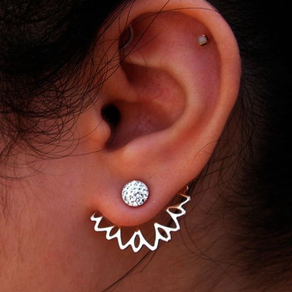 SmartBy Hollow Lotus Single Row Inlaid Rhinestone Ear Jacket Stud Earrings Jewelry Gift