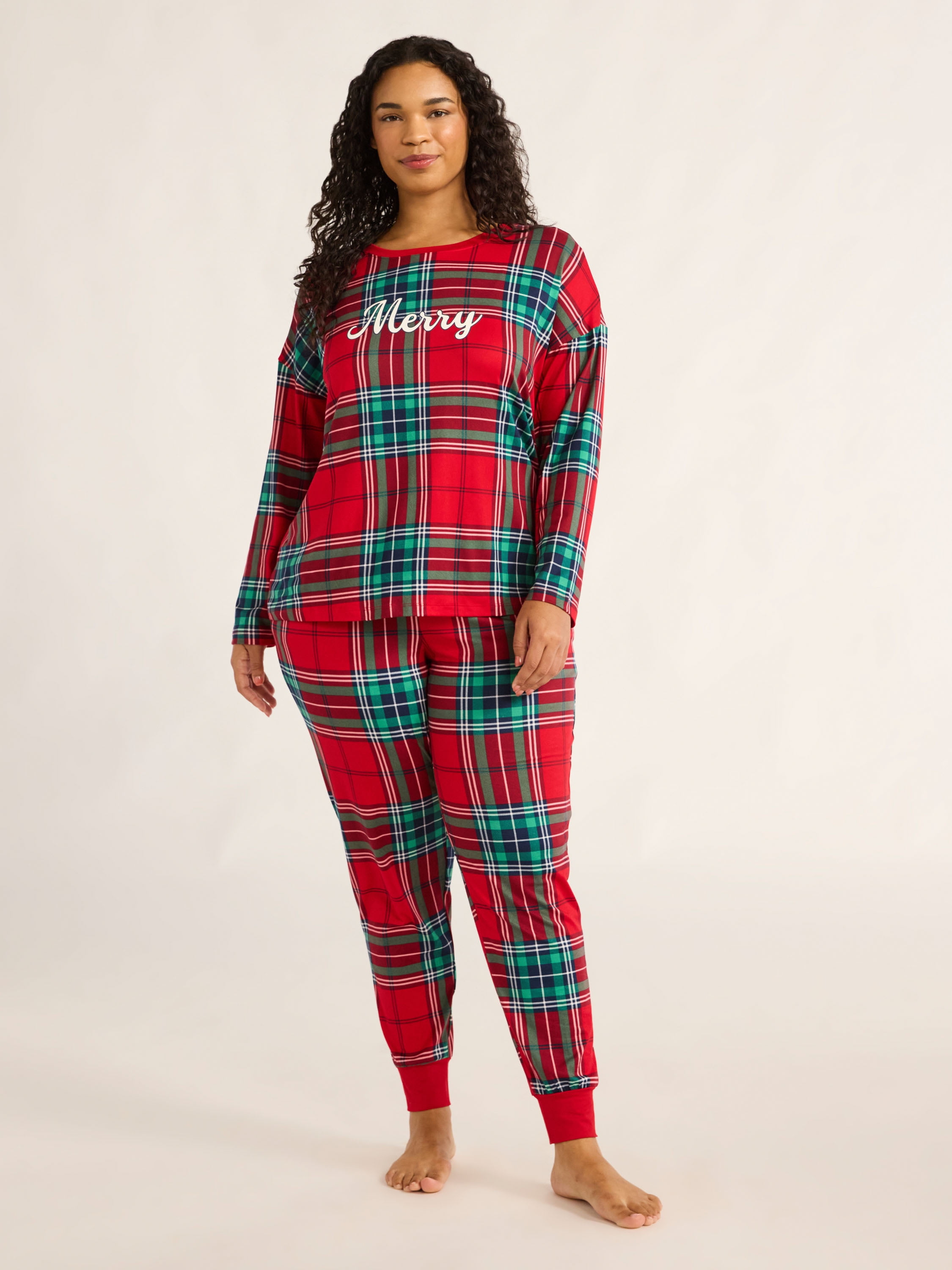 Joyspun Women’s Long Sleeve Tee and Jogger Pants Pajama Set, 2-Piece, Sizes S-3X