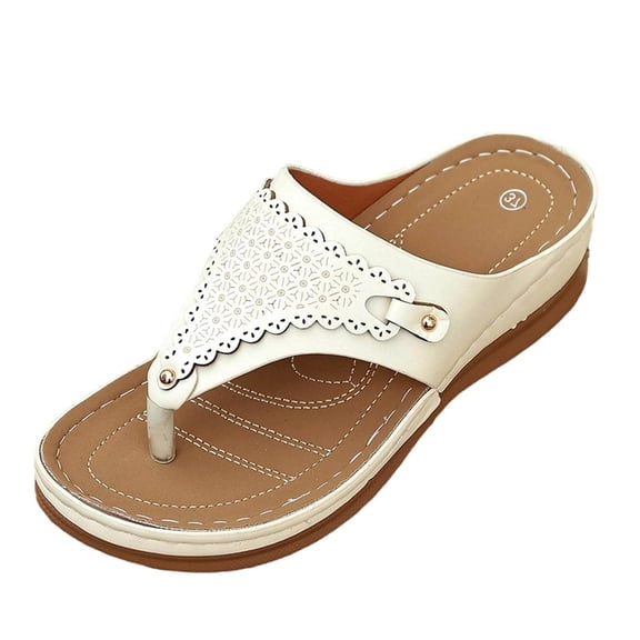 KIJBLAE Women's Sparkly Shiny Accent Wedge Flip Flops, Thick Sole Wide Width Comfort Casual Summer Beach Outdoor Slippers White 42