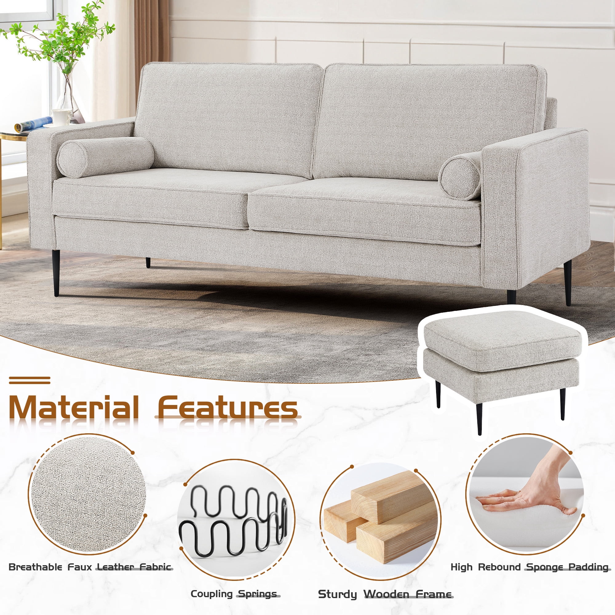 Muumblus 2 Pieces Living Room Sofa Set, Sofa and Loveseat Set, White Chenille