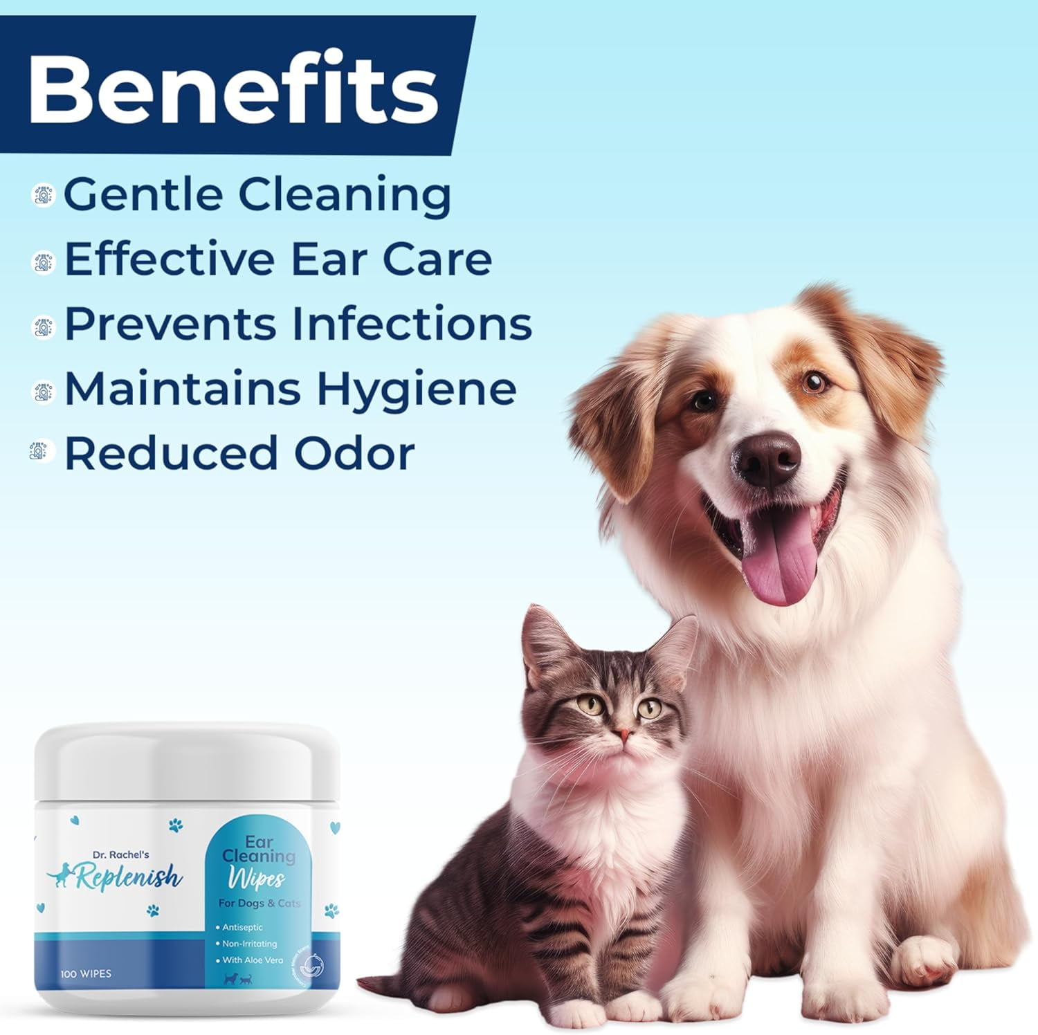 Replenish Cat and Dog Ear Cleaning Wipes – Gentle Pet Ear Cleaner Wipes with Aloe Vera – Cucumber Melon Scent – Hypoallergenic Dog Wipes – 100 Count