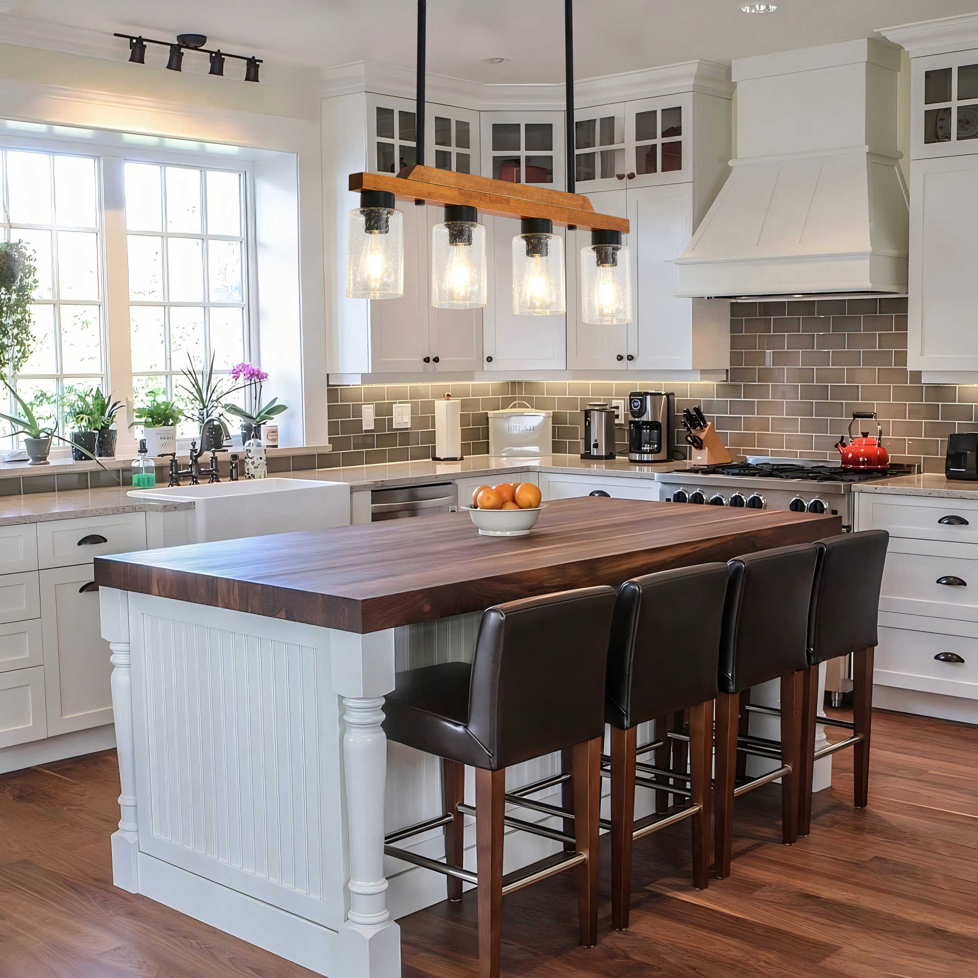 4-Light Farmhouse Pendant Light with Seed Glass Shades, Adjustable Height Kitchen Island Lighting, Linear Chandelier for Dining Room, Bar