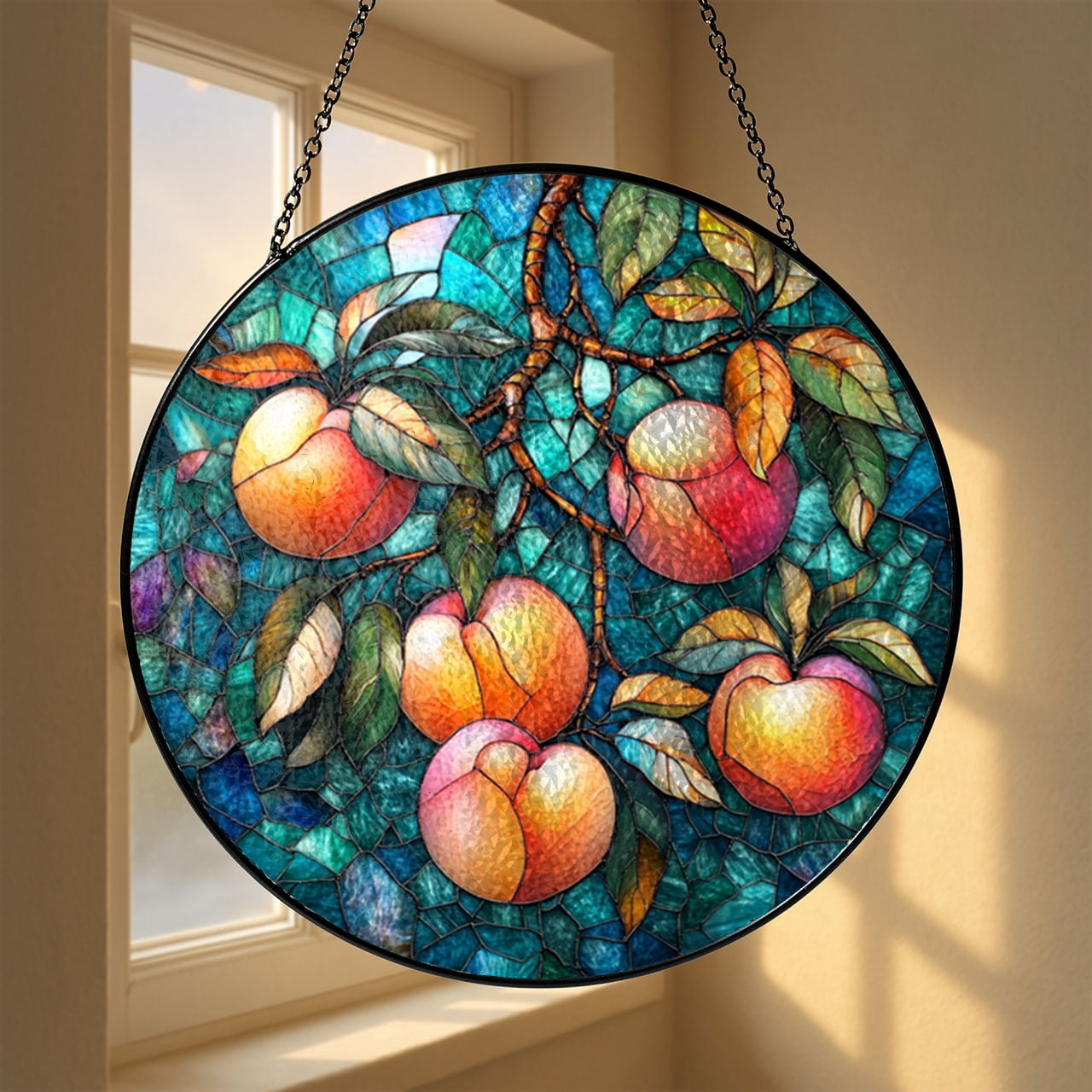 Peaches Wreath Acrylic Faux Glass Panel – Kitchen Window Art
