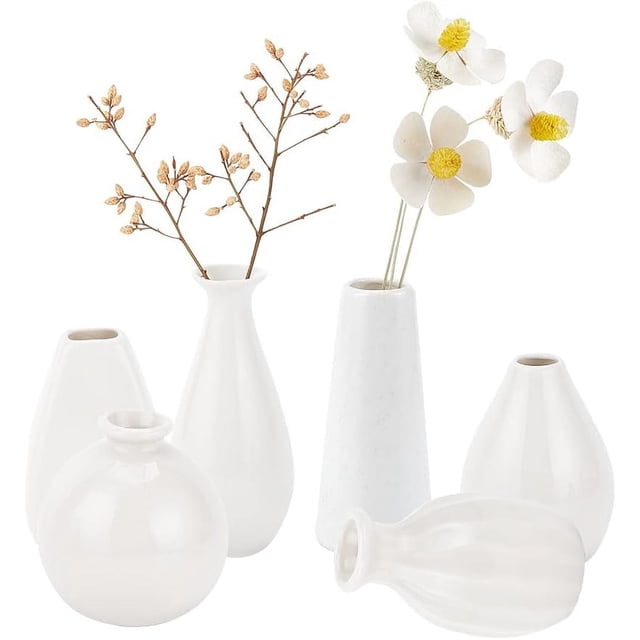 Juego de 6 mini jarrones de cerámica para flores, 6 estilos diferentes: jarrones rústicos, decoración moderna de granja, jarrones pequeños blancos lisos.