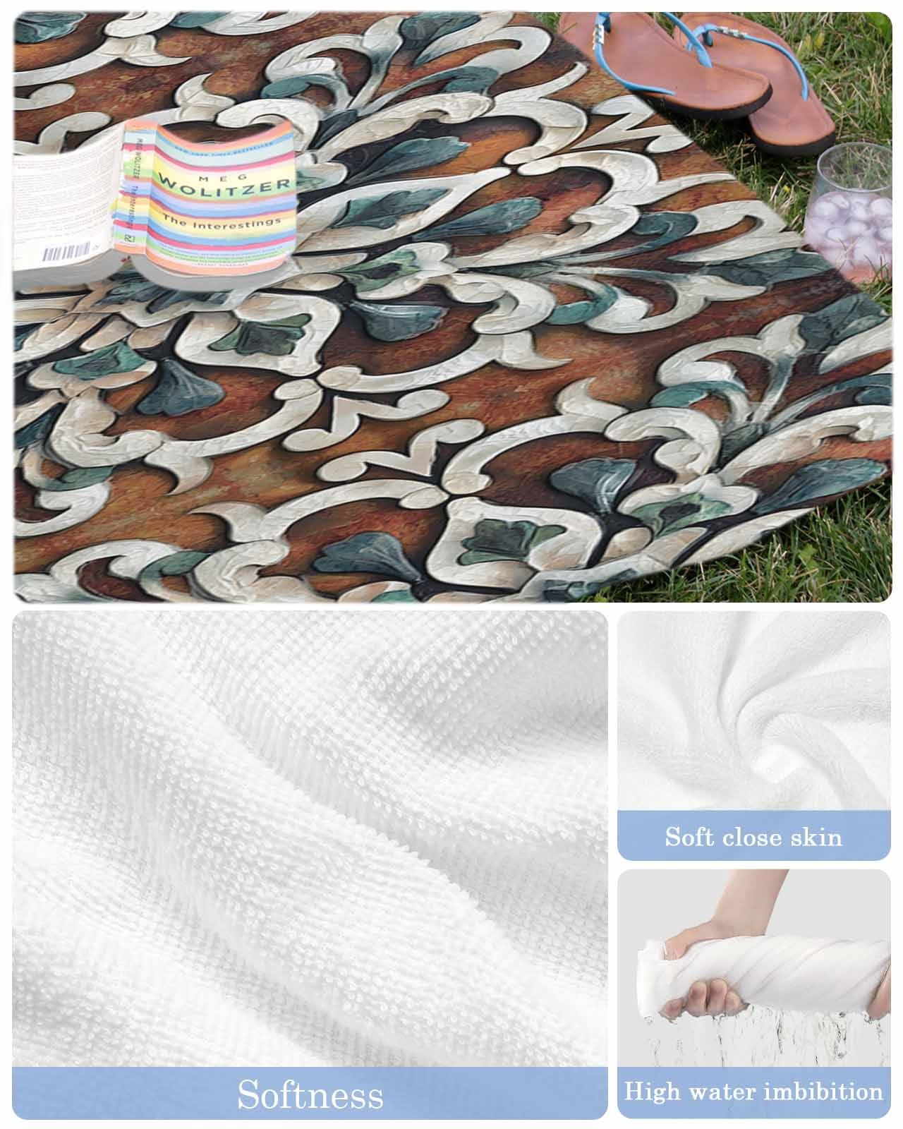 Brown Teal Boho Beach Towels Oversized Super Absorbent, Ethnic Rustic Abstract Flowers Lightweight Bath Towel Quick Dry Sets For Bathroom/Pool/Rv Camping/Beach Play/Gym Room/Picnic 23"x47"