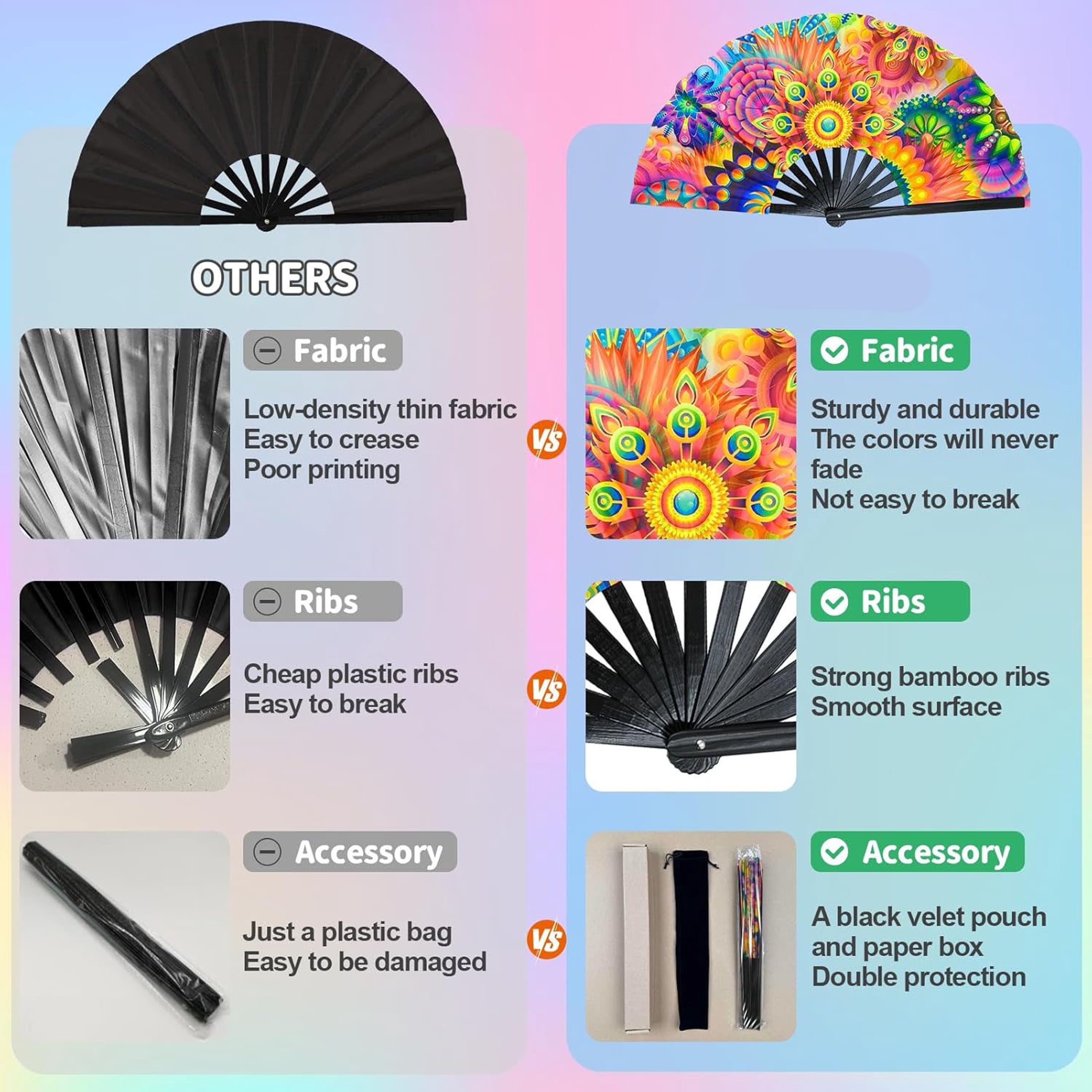 LQSEO Large Uv Glow Rave Fan,Folding Hand Fans for Line Dancing,Flowers ...