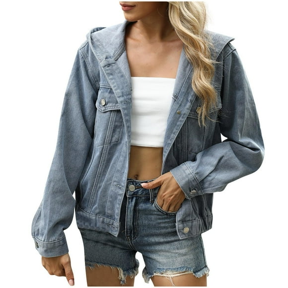 Hinvhai Denim Jackets for Women Clearance Trendy Casual Button Down Loose Fit Hooded Jean Jacket Blue L(L)