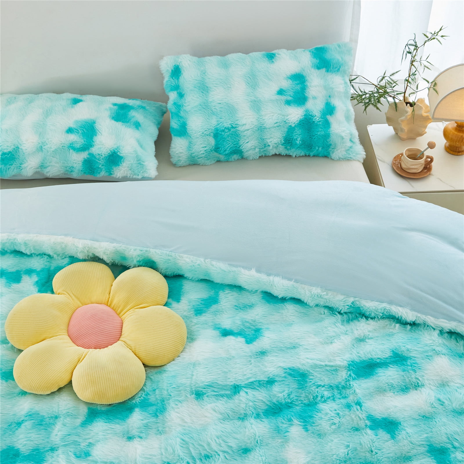 RYNGHIPY 3 Pieces Full Bedding Comforter Sets Faux Fur Bedding Set Mint Green Bubble Comforter Set Tie Dyed Plush Bed Comforter Set Soft Fluffy Bed Set