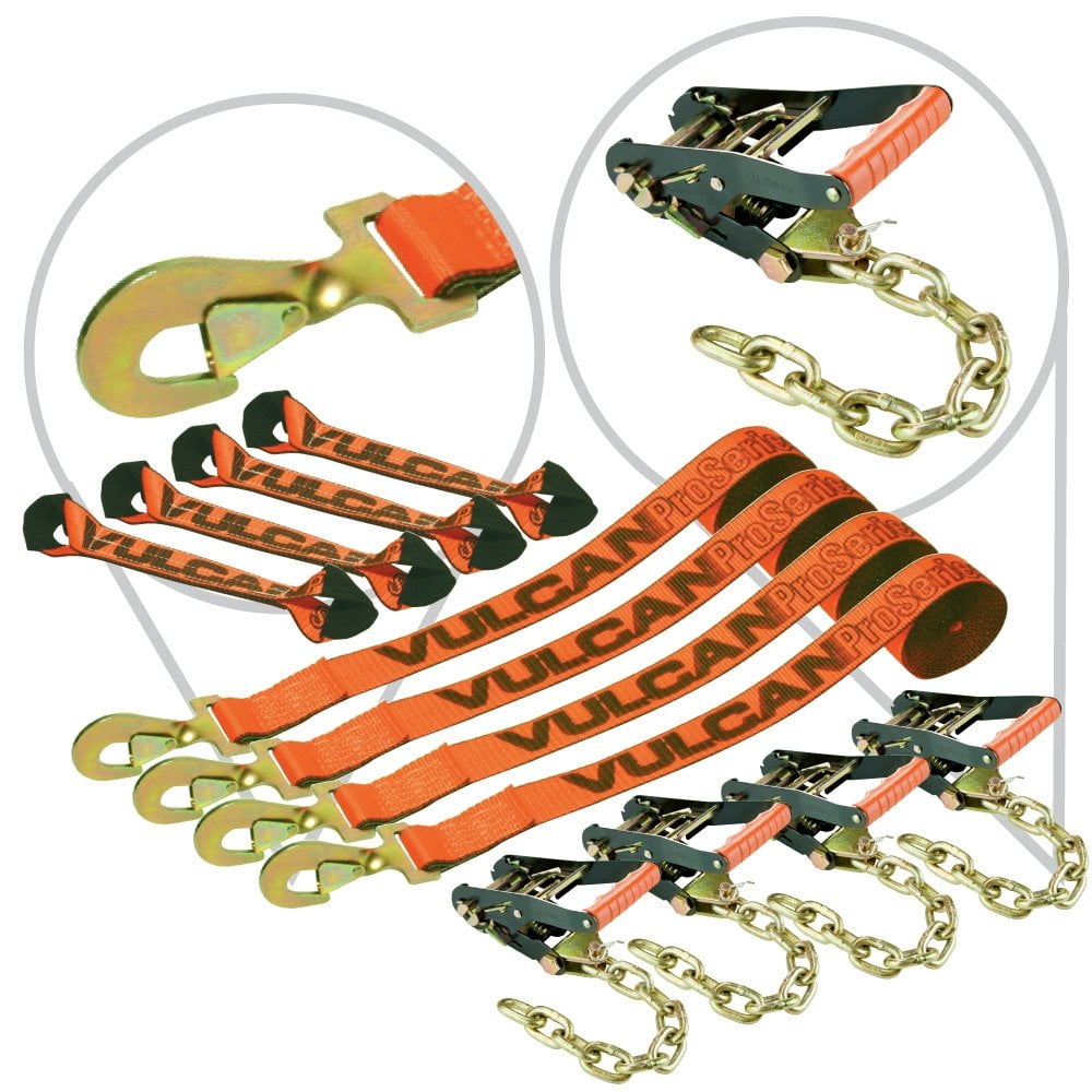 VULCAN 8Point Roll Back Vehicle Tie Down Kit with Snap Hook On Strap Ends and Chain Tail On