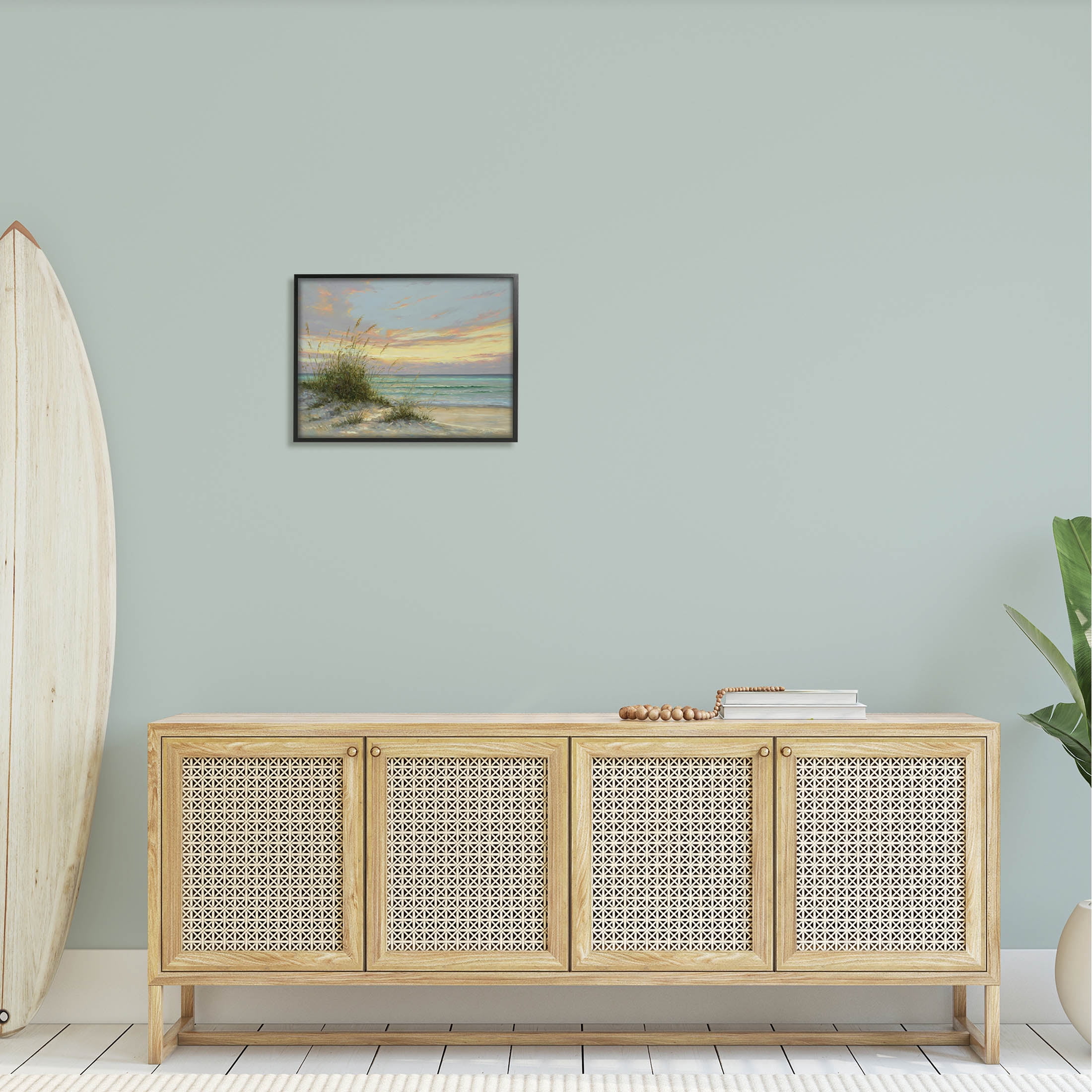 Beach Grass Vivid Sunset Coastal Painting Black Framed Art Print Wall Art