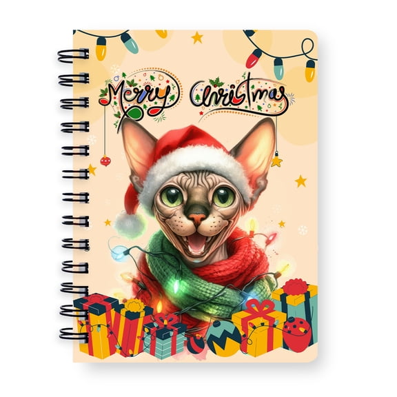 Merry Christmas Santa Sphynx Scarf Twinkling Lights Xmas Holiday Spiral Bound Journal Cat Lover Kitten Owner Gifts Idea 5x7in Spiral Notebook - 00022