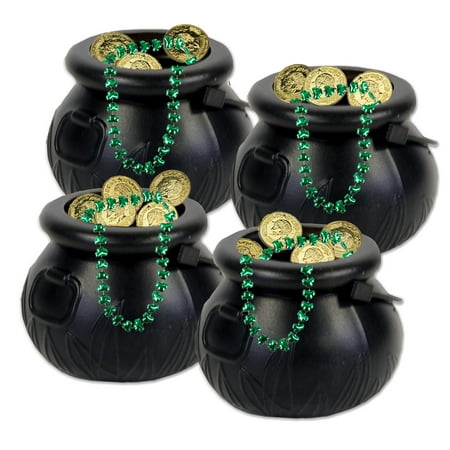Leprechaun Loot 4 Pack Mini Pot of Gold St Patrick Favor 56pc Decorations, Black