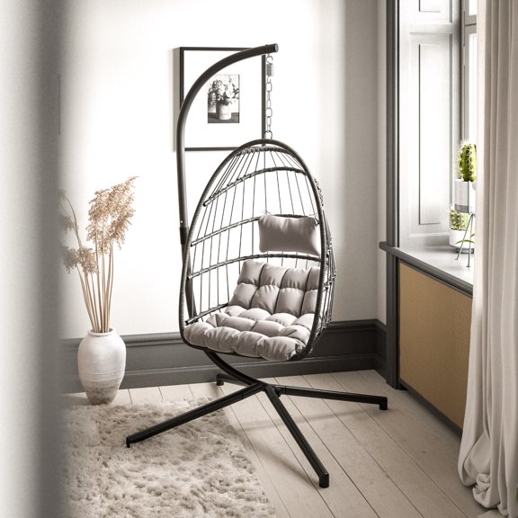 Emma Oliver Foldable Hanging Egg Chair with Gray Woven Finish, Removable Gray Cushions, and Included Stand for Indoor and Outdoor Use